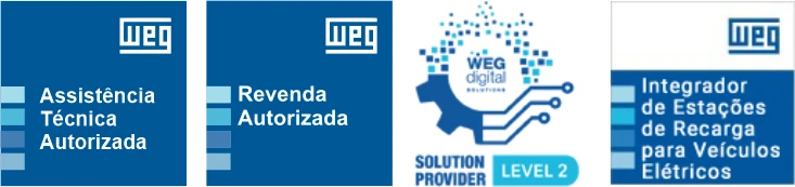 Selos WEG: Assistência Técnica Autorizada, Revenda Autorizada, WEG Digital Solution Provider Level 2 e Integrador de Estações de Recarga para Veículos Elétricos